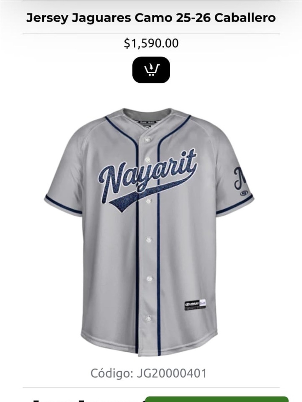 Nayarit Baseball Jersey - Gray with Navy Script